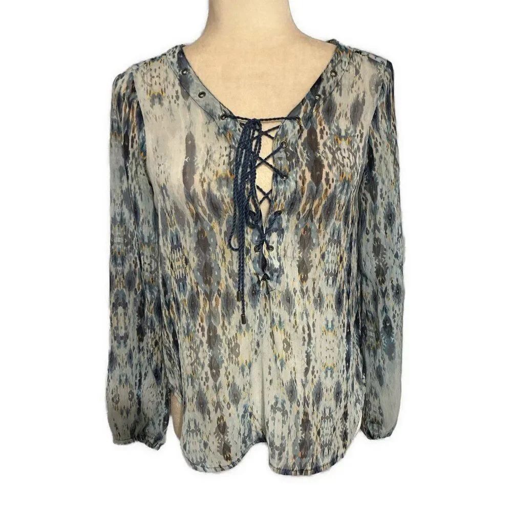 Jessica Simpson Blue YellowāV Neck Lace Up Long Sleeve Top Blouse Xs
